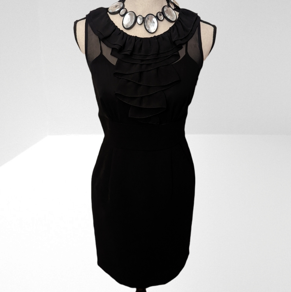 Calvin Klein Women's Black Sheath Dress Lined Sheer Overlay Ruffles Size (4)